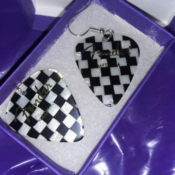 NEW Handmade Classic Checkered Guitar Pick Silver Drop Hook Earrings - Picture 5 of 8